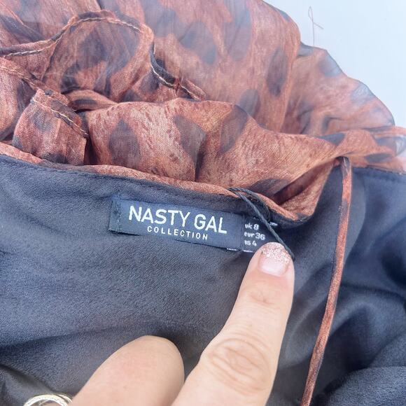 New Nasty Gal Black Magic Leopard Chiffon Ruffle Maxi Dress Long 4 Brown Formal - Picture 7 of 10